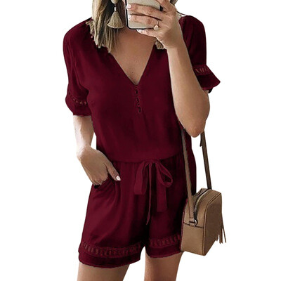 

Womens V Neck Short Sleeve Elastic Waist Jumpsuit Ladies Summer Casual Loose Playsuit
