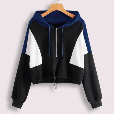 

Tailored Women Cut And Sew Panel Half Zip Drawstring Hoodie Sweatshirt Casual Blouse Tops