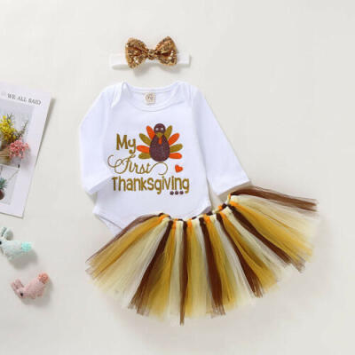 

USA Baby Girls First Thanksgiving Turkey Tops Romper Bodysuit Tutu Dress Outfits