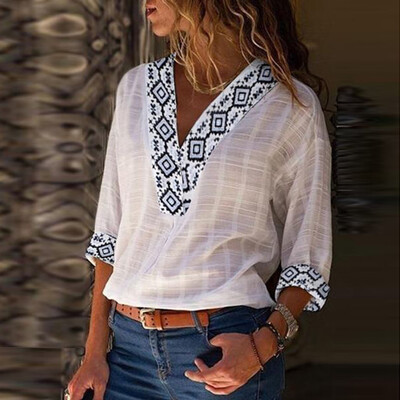 

Starmoon Women V Neck Print 34 Sleeve Cotton Linen T-shirt Casual Blouse Tops