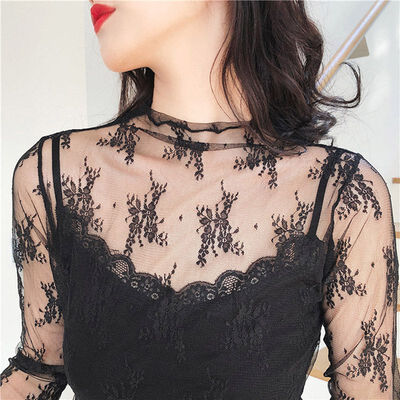 

Summer Women Lace Floral Embroidery Blouses Shirt Ladies Tops Sexy Mesh Blouses Transparent Elegant See-through Black Shirt