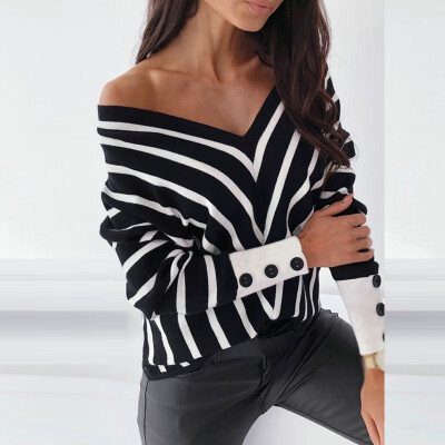 

Women V Neck Stripe Jumper Sweater Top Long Sleeve Ladies Pullover Shirt Blouse