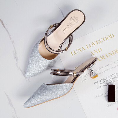 Point middle-heel sandals Women Summer Korean version of a shoe with two half-packs of slippers&100 sets of sexy slippers