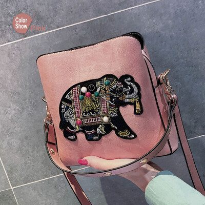 

Elephant Appliques Bucket shoulder bag Fashion luxury handbags women bags designer PU leather soft crossbody bags for women 2019