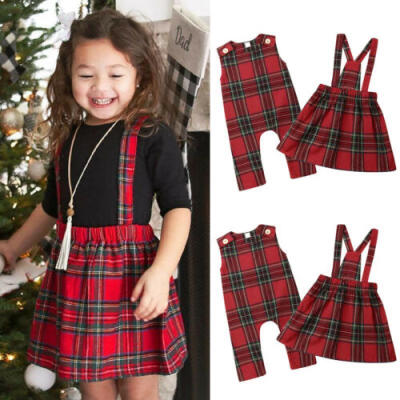 

UK 0-5Y Baby Girl Sisters Christmas Romper Sling Dress Party Plaid Xmas Outfits