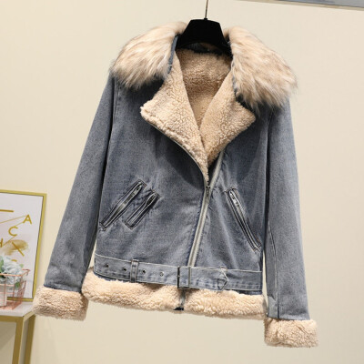 

Toponeto Winter Women Jean Jacket Thicken Warm Fleece Long Sleeve Denim Coat Punk Outwear