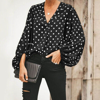 

3 Colors Women Fall Polka Dot V-neck Lantern Sleeve Shirt Ladies Casual Loose Shirts