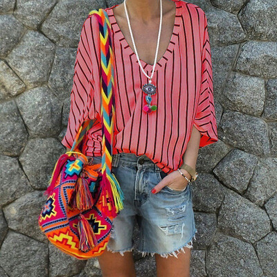 

Women Loose V Collar Summer Cartoon Stripes Print Loose Long Sleeve Casual Simple Wild T-Shirt