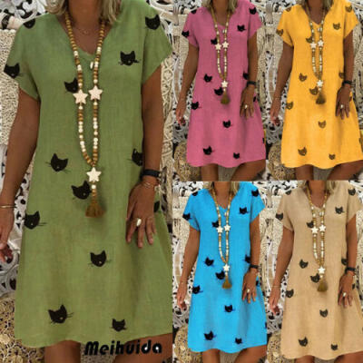 

Women Short Sleeve Loose Mini Dress Ladies Summer Shirt Dress Holiday Beach Tops