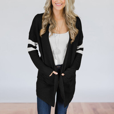 

Roseonmyhand Women Striped Long Sleeve Knitted Sweater Pockets Long Cardigan Top Coat Outwear
