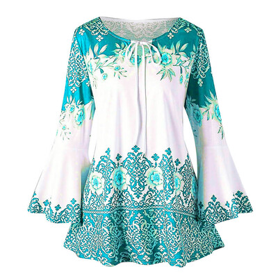 

Nomeni Fashion Womens Plus Size Printed Flare Sleeve Tops Blouses Keyhole T-Shirts