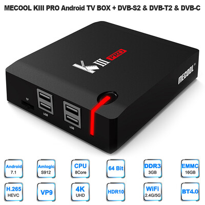 

MECOOL KIII PRO Android TV BOX DVB-S2 & DVB-T2 & DVB-C Android 71 Amlogic S912 Octa-core 3GB 16GB 4K H265 VP9 Mini PC 24G &