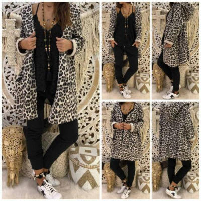 

Womens Lady Leopard Hooded Long Coat Cardigan Loose Outwear Kimono Jacket Trench