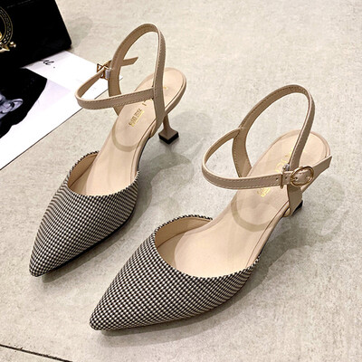 

Baotou Sandals Daughter Xia Fairy Wind-pointed Baitao Lattice with High-heeled Shoes&Daughters Fine-heeled Shoes