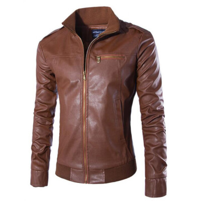 

Gobestart Mens Autumn Winter Casual Long Sleeve Solid Stand Zipper Leather Jacket Top