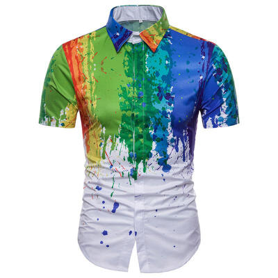 

Mens Korean Version Of 3D Splash Ink Paint Shirts Color Short-sleeved Lapel Shirt 2018 Mens Summer Hawaii Style