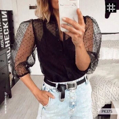 

Hot Women See-through Sheer Mesh Dot Blouse Puff Long Sleeve T-shirt Tops Shirts