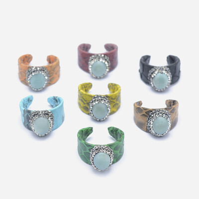 

Snakeskin Leather Cuff Rings with Natural Amazonite&Polymer Clay Rhinestone Oval Mixed Color Size 9 19mm