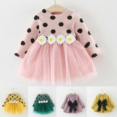 

US Toddler Infant Baby Girl Dot Flower Clothes Long Sleeve Dress Tutu Lace Dress