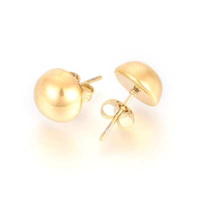 

304 Stainless Steel Stud Earrings Half Round Golden 16x10x5mm Pin 07mm