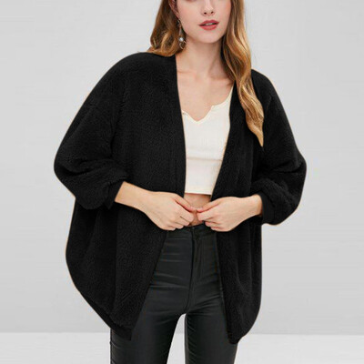 

Roseonmyhand Womens Fashion Round Neck Solid Color Loose Plush Pocket Cardigan Coat