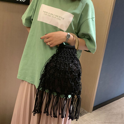 

British new wooden handle portable mosquito net straw bag cotton rope handmade woven bag Sen beach bag