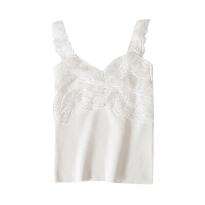 

Women Versatile Sleeveless Off Shoulder Slim Solid Color Sexy Lace Stitching Top