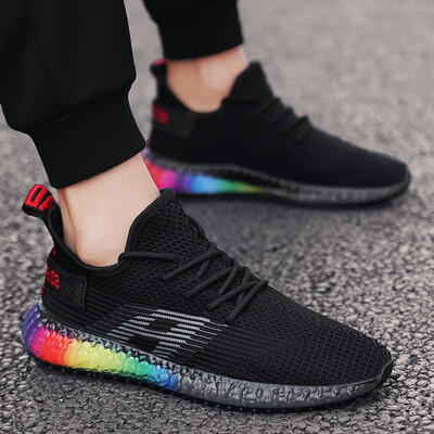 

Fashion mens shoes tide flying woven breathable sports running shoes hollow mesh mens rainbow shoes