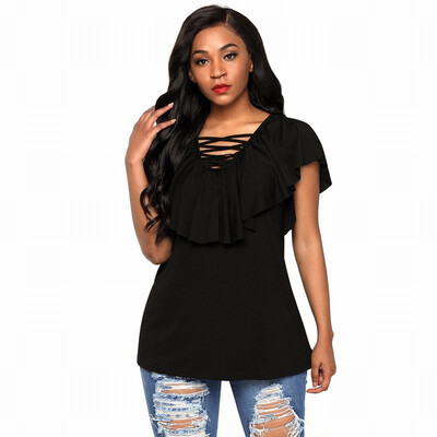 

Solid color deep V-neck cross with short-sleeved ruffled lace casual straight top