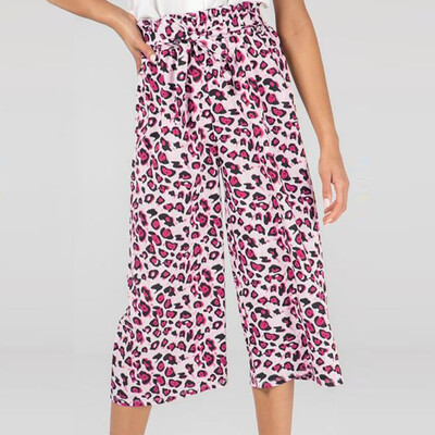 

Tailored Women Casual Elastic Band Belt Leopard Print Lady Calf-Length Wide Leg Pants