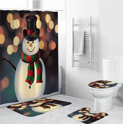 

Gobestart 4Pcs Christmas shower Curtain Bathroom Anti-slip Carpet Rug Toilet Cover Mat Set