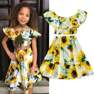 

NEW Flowers Kids Baby Girl Off Shoulder Crop Tops Skirt Dress Outfits Clothes US