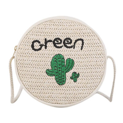 

Women Round Shoulder Bags Cactus Decor Handmade Woven Beach Mini Straw Bag