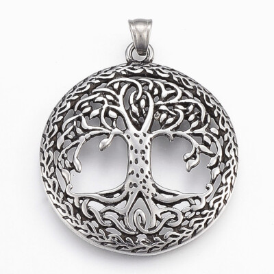 

304 Stainless Steel Pendants Flat Round with Tree of Life Antique Silver 435x38x5mm Hole 5x6mm