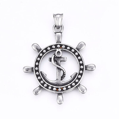 

304 Stainless Steel Big Pendants Anchor & Helm Antique Silver 51x44x4mm Hole 5x8mm