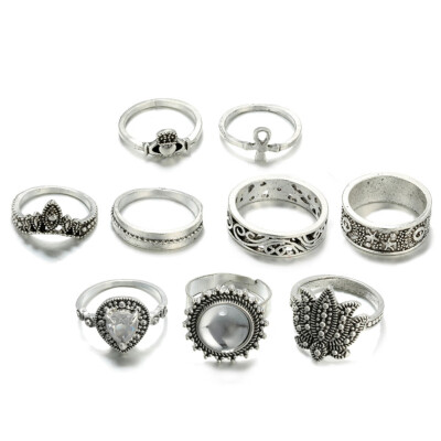 

9 Pcs\Set New Vintage Rings Set Carved Crown Diamond Ring for Women Wedding Engagement Jewelry Retro Simple Rings Set