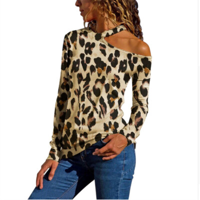 

Womens Sexy Single Shoulder Long Sleeve Leopard Printed Slim Fit T-shirt Tops
