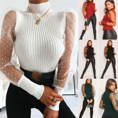 

Womens Lady Mesh Long Puff Sleeve Polka Dots Tops Turtleneck Knit Shirt Blouse