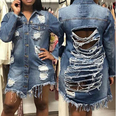 

Plus Size -3XL Denim Oversized Longline Ripped Detail Boyfriend Denim Jacket