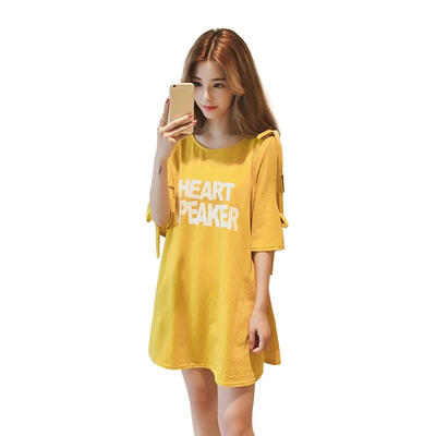 

Letter Print Tee Dress Women O-neck Bowknot Lace Half Sleeve Hollow Dresses