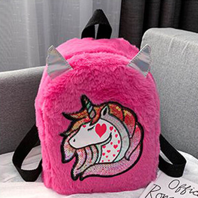 

juice-ma Kids Girls Fluffy Unicorn Backpack Plush School Rucksack Zipper Shoulder Bag