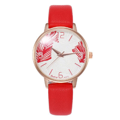 

Women Fashion Exquisite Feather Pattern Dial Leather Band Alloy Case Quartz Wrist Watch