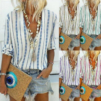 

2019Amazon cross-border supply ebay hot outbreak autumn&summer striped long-sleeved casual shirt women blue