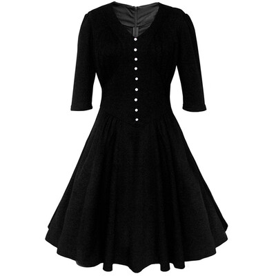 

Buttoned Half Sleeves Ruched Flare Dress