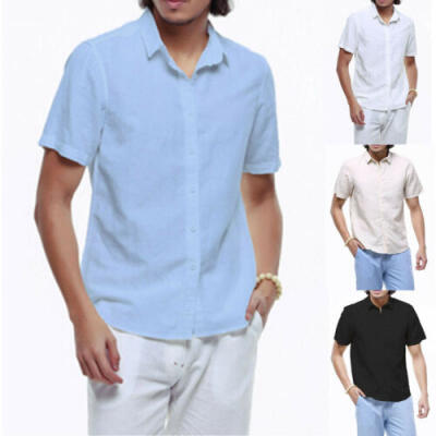 

Mens Linen Short Sleeves Shirts Slim Fit Solid Cotton Shirts Asian Sizes TS149