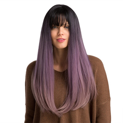 

Gobestart High Temperature Wire Black Gradient Purplebrown Long Straight Hair Wig