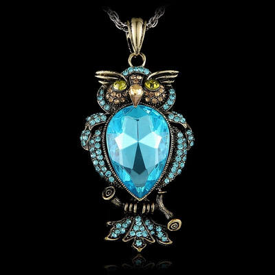 

Rhinestone Crystal Antique Animal Owl Pendant Exquisite Long Necklaces DIY Vintage Retro Gothic Big Stone Women Jewelry Necklace