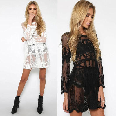 

Women Lady Sexy Cotton Lace Hollow Crochet Swimwear Bikini Beach Cover Up Mini Dress