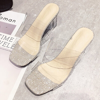 

Square head with sandals female wearing summer rough heel with a letter with stylish crystal transparent slippers woman