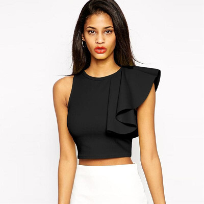 

Sexy Women Crop Top One Shoulder Ruffle Round Neck Sleeveless Fitness Tank Top T-Shirt BlackYellow